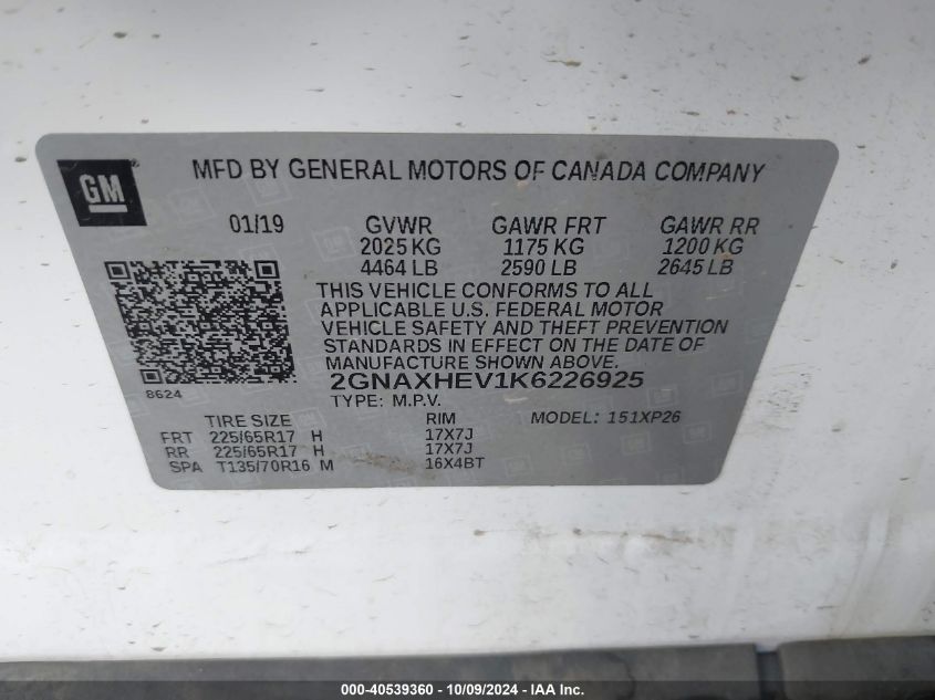 2GNAXHEV1K6226925 2019 Chevrolet Equinox Ls