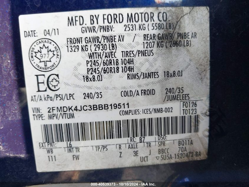 2FMDK4JC3BBB19511 2011 Ford Edge Sel