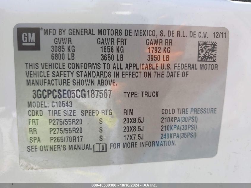 3GCPCSE05CG187567 2012 Chevrolet Silverado 1500 Lt