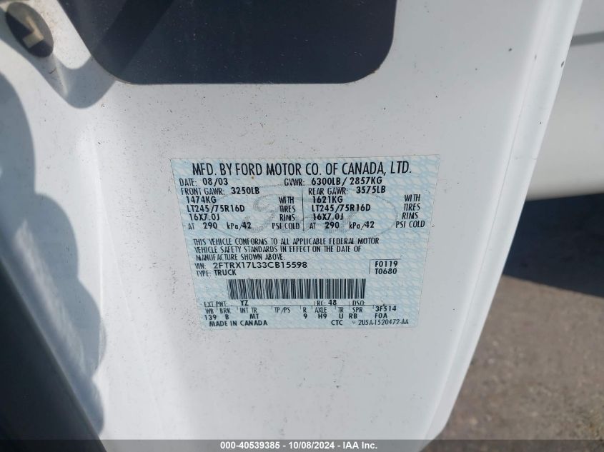 2003 Ford F-150 Lariat/Xl/Xlt/Xlt Heritage VIN: 2FTRX17L33CB15598 Lot: 40539385