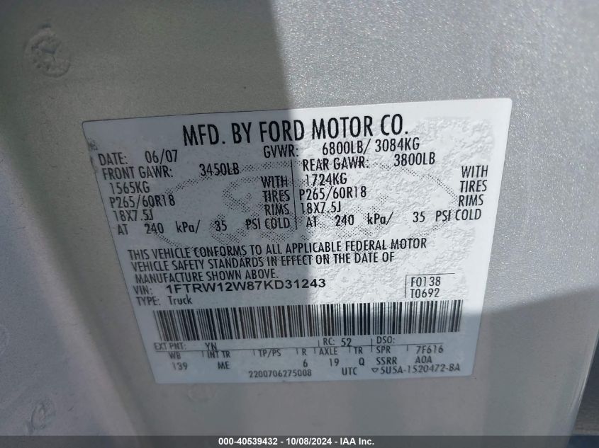 1FTRW12W87KD31243 2007 Ford F-150 Xlt