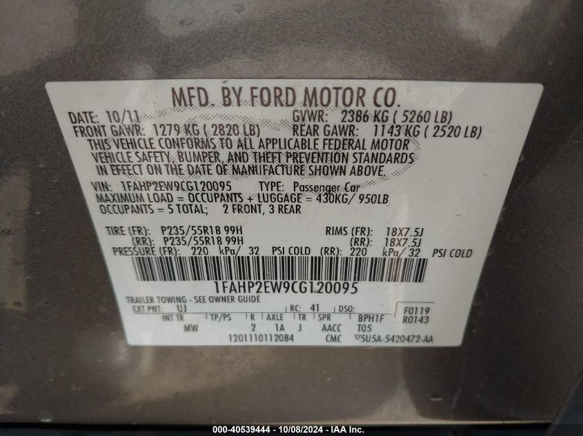 2012 Ford Taurus Sel VIN: 1FAHP2EW9CG120095 Lot: 40539444