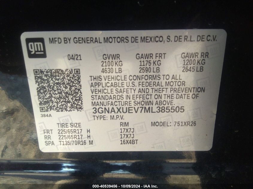 3GNAXUEV7ML385505 2021 Chevrolet Equinox Awd Lt