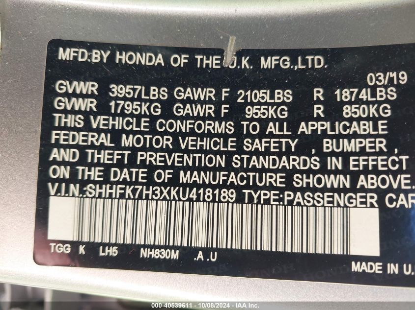 SHHFK7H3XKU418189 2019 Honda Civic Lx