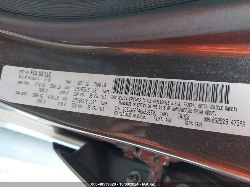 2019 RAM 1500 BIG HORN/LONE STAR  4X4 5'7 BOX - 1C6SRFFT4KN536501