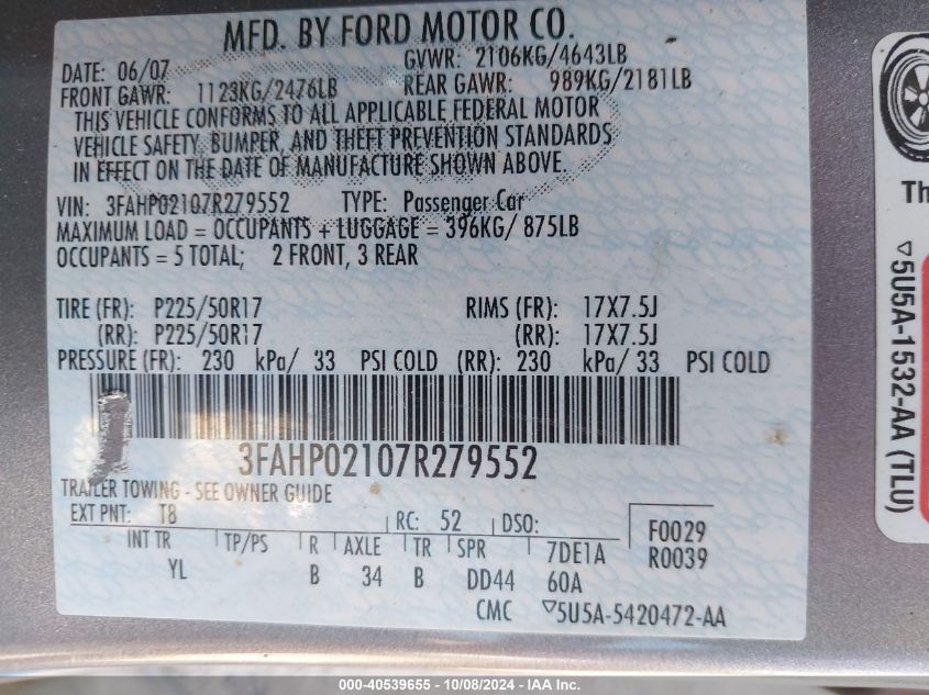 2007 Ford Fusion Sel VIN: 3FAHP02107R279552 Lot: 40539655