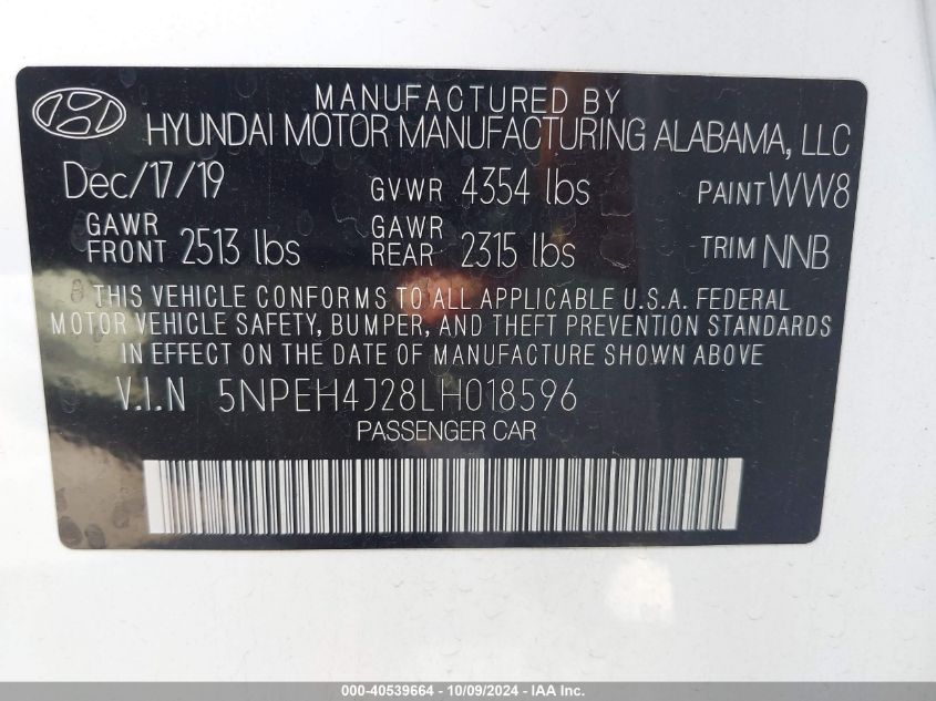 2020 Hyundai Sonata Limited VIN: 5NPEH4J28LH018596 Lot: 40539664