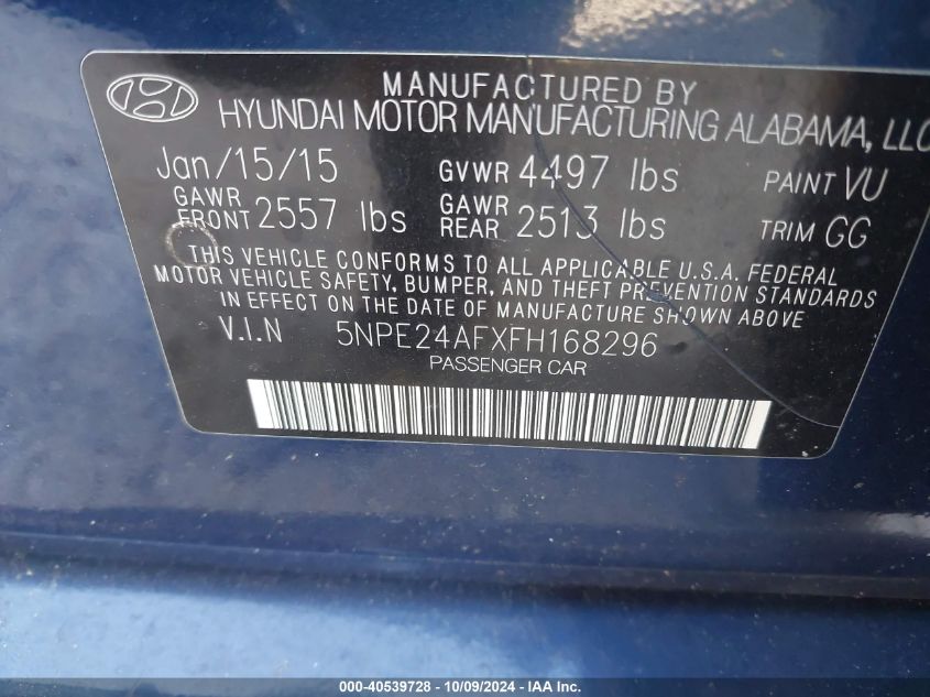 5NPE24AFXFH168296 2015 Hyundai Sonata Se