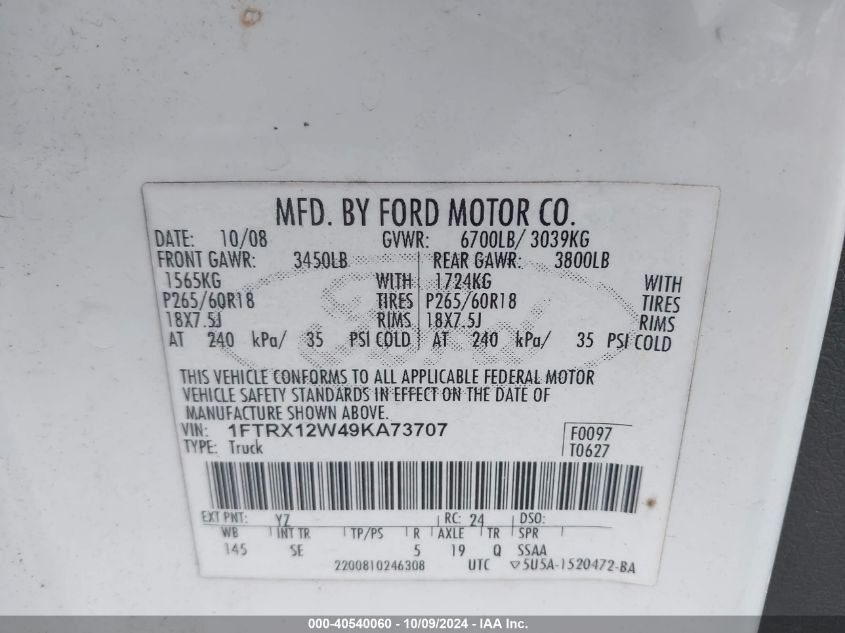 1FTRX12W49KA73707 2009 Ford F-150 Super Cab