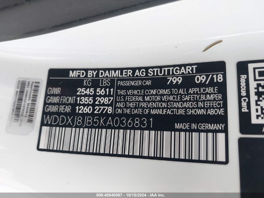 2019 Mercedes-Benz Amg S 63 4Matic VIN: WDDXJ8JB5KA036831 Lot: 40540067