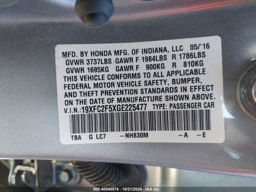 2016 Honda Civic Lx VIN: 19XFC2F5XGE225477 Lot: 40540074