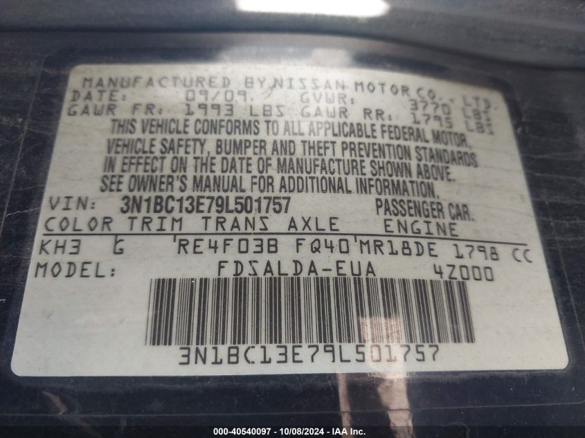 3N1BC13E79L501757 2009 Nissan Versa 1.8S