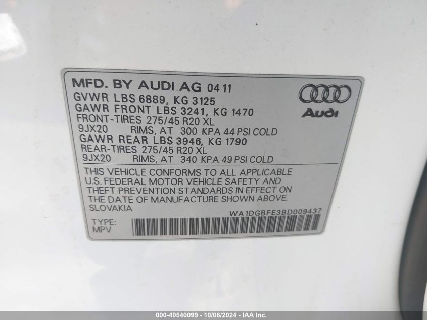 2011 Audi Q7 3.0T S Line Prestige VIN: WA1DGBFE3BD009437 Lot: 40540099