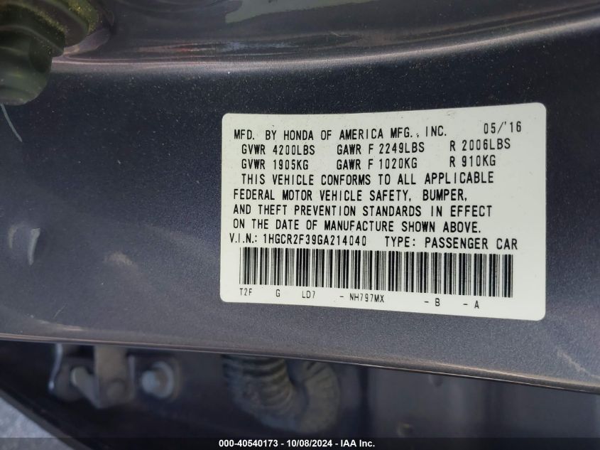 1HGCR2F39GA214040 2016 Honda Accord Lx