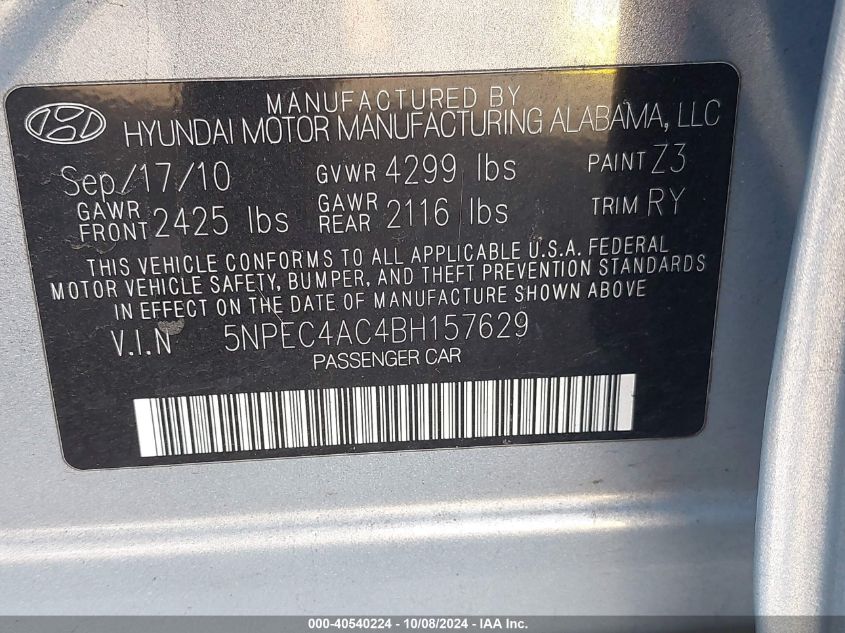 5NPEC4AC4BH157629 2011 Hyundai Sonata Se