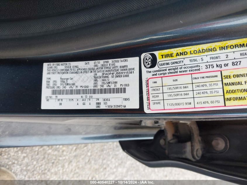 2011 Ford Fiesta Ses VIN: 3FADP4FJ5BM115381 Lot: 40540227