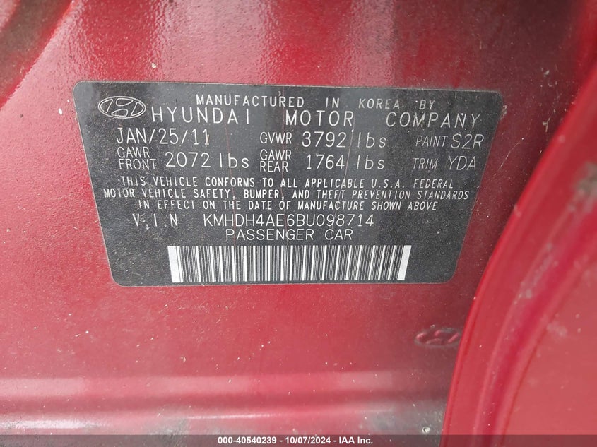 KMHDH4AE6BU098714 2011 Hyundai Elantra Gls (Ulsan Plant)