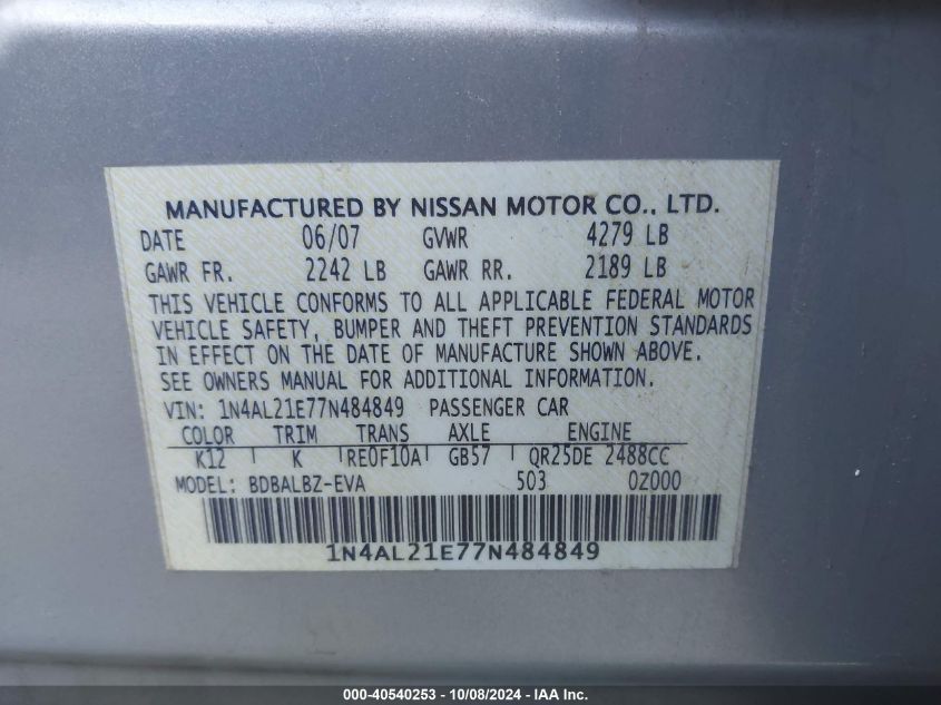 1N4AL21E77N484849 2007 Nissan Altima 2.5/2.5S