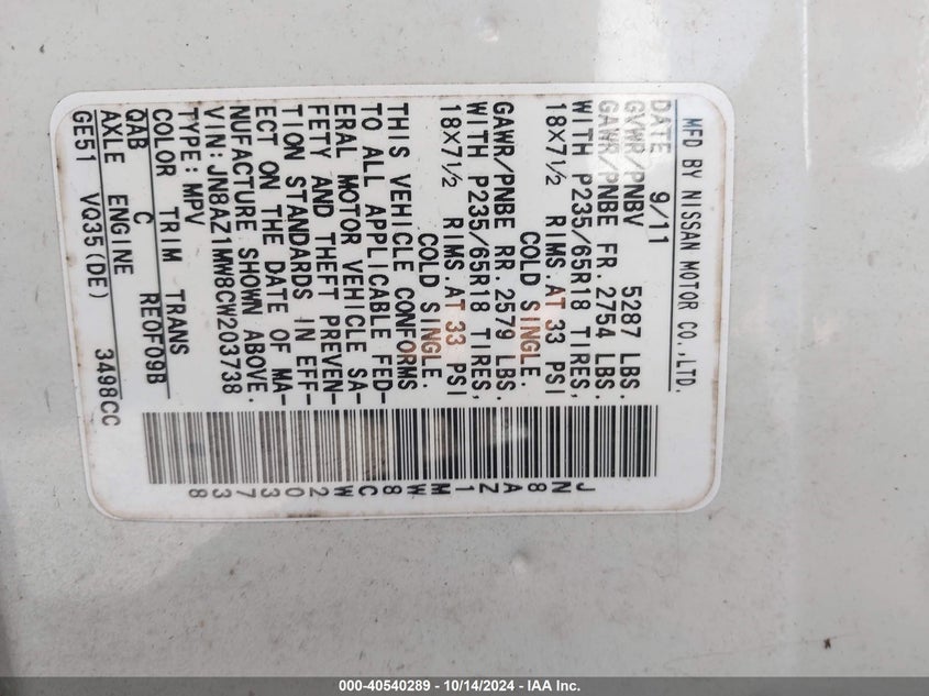 2012 Nissan Murano Sl VIN: JN8AZ1MW8CW203738 Lot: 40540289