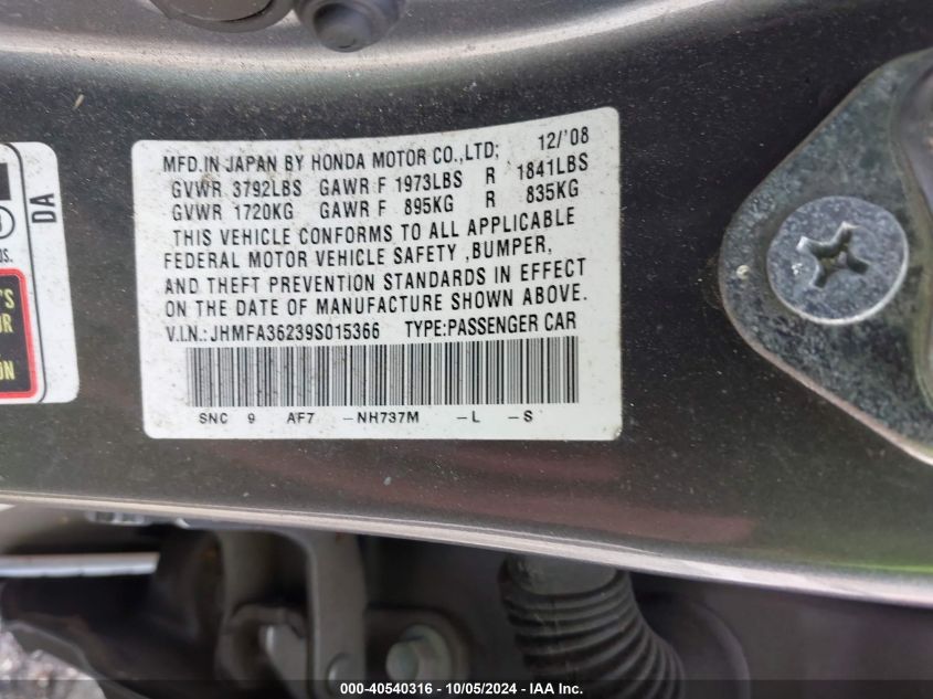 JHMFA36239S015366 2009 Honda Civic Hybrid