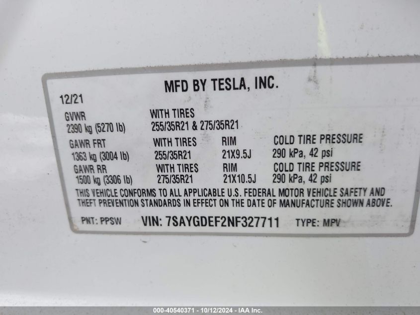 VIN 7SAYGDEF2NF327711 2022 TESLA MODEL Y no.9