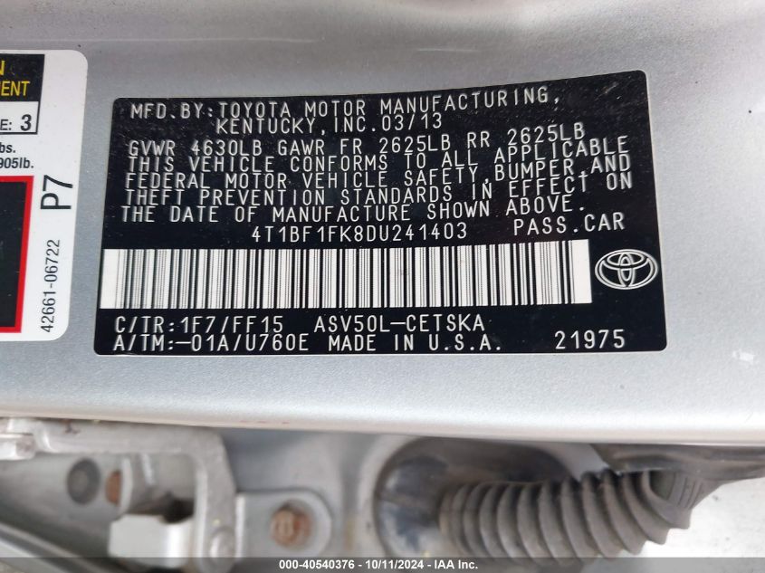 4T1BF1FK8DU241403 2013 Toyota Camry Se