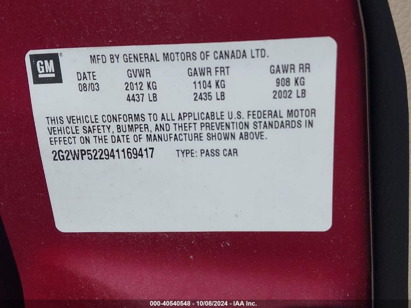 2004 Pontiac Grand Prix Gt1 VIN: 2G2WP522941169417 Lot: 40540548