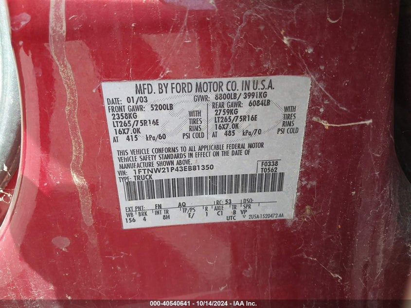 2003 Ford F-250 Lariat/Xl/Xlt VIN: 1FTNW21P43EB81350 Lot: 40540641
