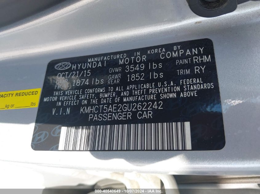 KMHCT5AE2GU262242 2016 Hyundai Accent Se