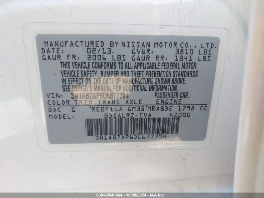 3N1AB7AP6DL677794 2013 Nissan Sentra Sr