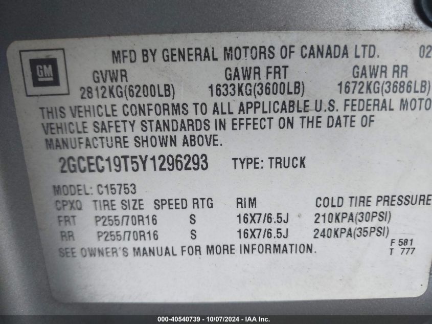 2GCEC19T5Y1296293 2000 Chevrolet Silverado 1500 Lt