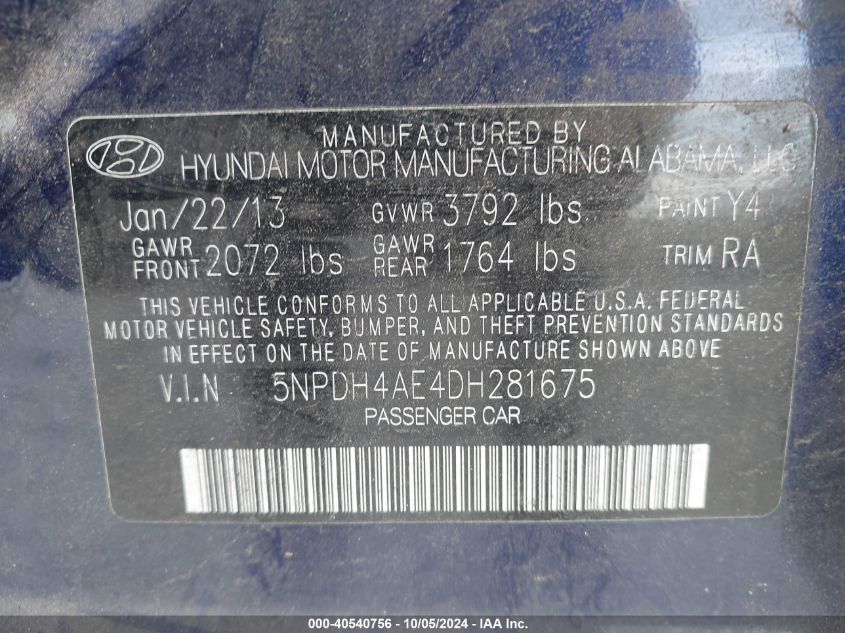 5NPDH4AE4DH281675 2013 Hyundai Elantra Gls