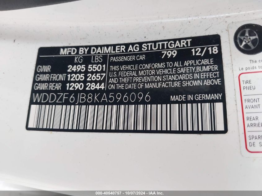 VIN WDDZF6JB8KA596096 2019 Mercedes-Benz E-Class, E... no.9