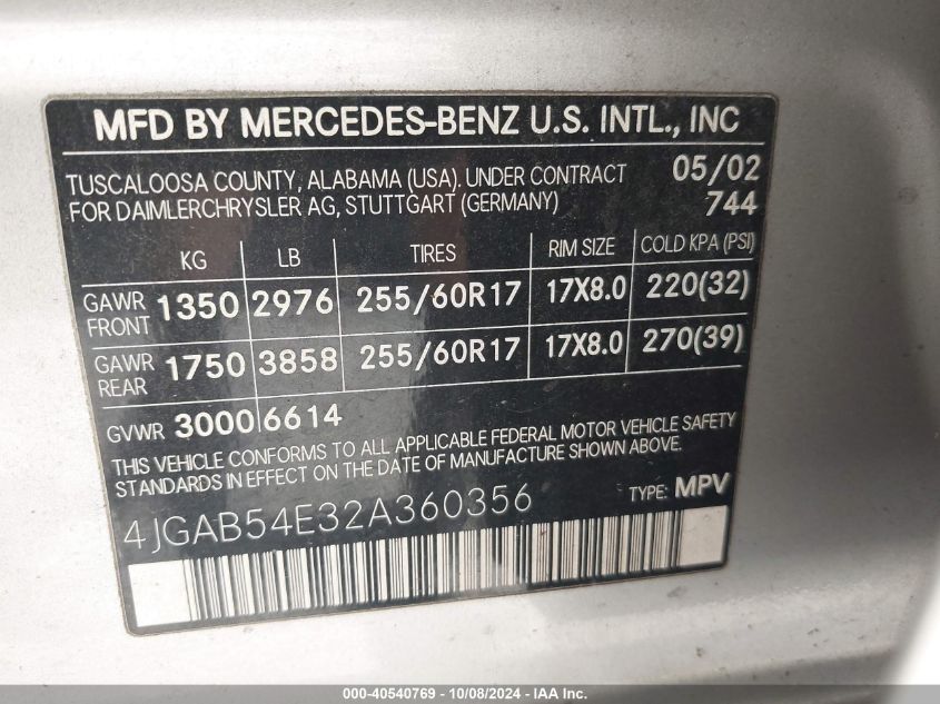 4JGAB54E32A360356 2002 Mercedes-Benz Ml 320