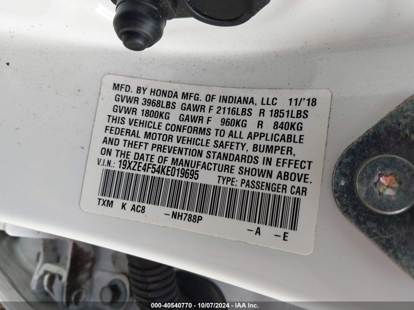 2019 HONDA INSIGHT EX - 19XZE4F54KE019695