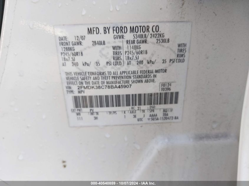 2FMDK38C78BA45907 2008 Ford Edge Sel