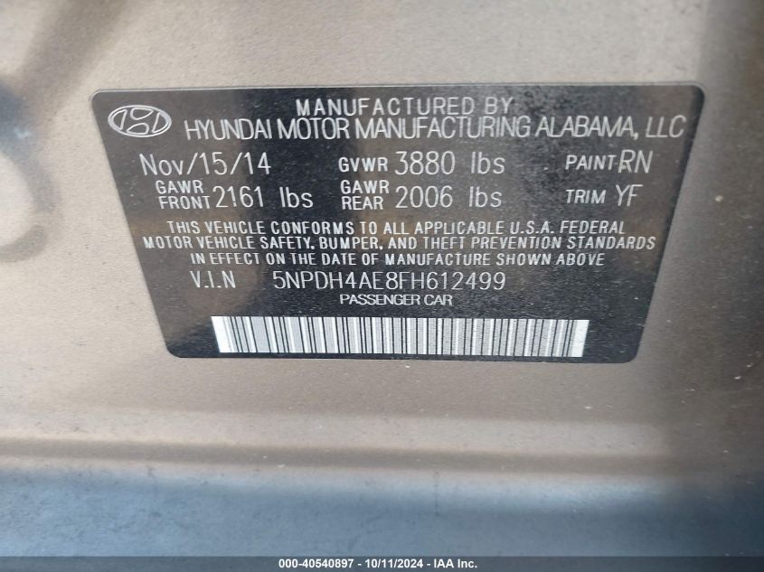 5NPDH4AE8FH612499 2015 Hyundai Elantra Se