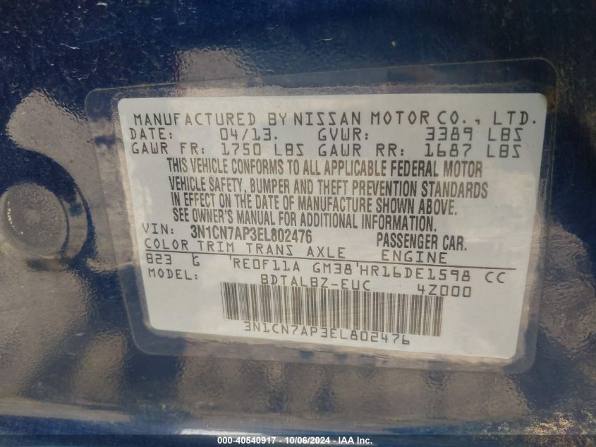 3N1CN7AP3EL802476 2014 Nissan Versa S/S Plus/Sv/Sl