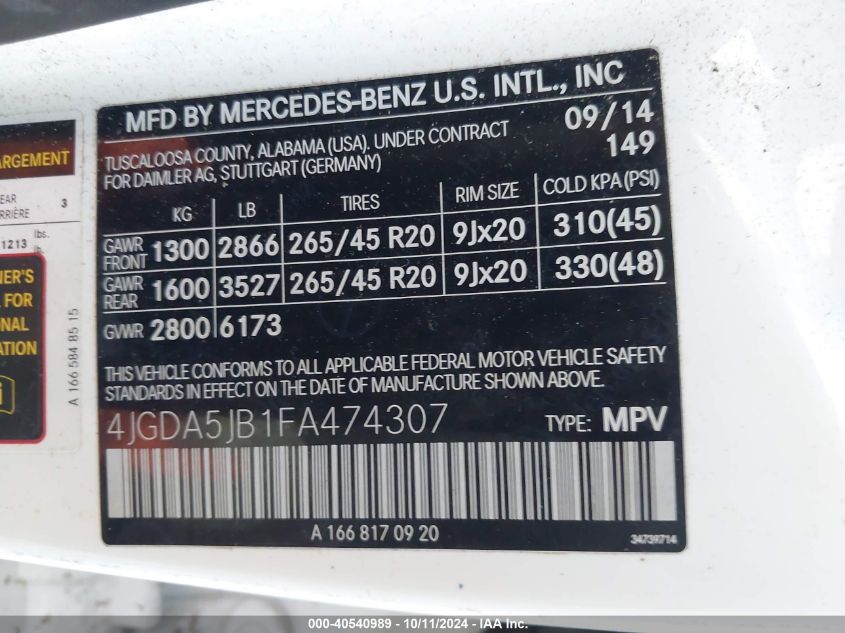 VIN 4JGDA5JB1FA474307 2015 MERCEDES-BENZ ML 350 no.9