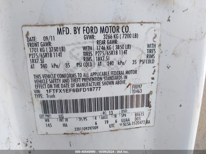 1FTFX1EF6BFD18777 2011 Ford F-150 Lariat