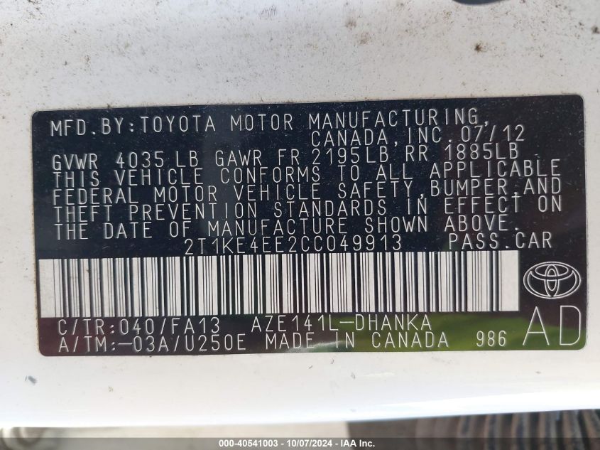 2T1KE4EE2CC049913 2012 Toyota Matrix S