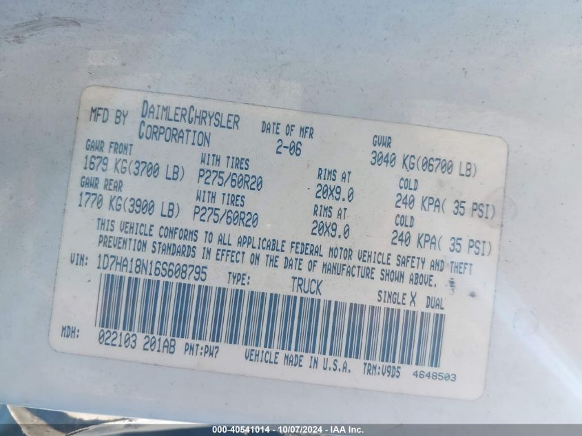 1D7HA18N16S608795 2006 Dodge Ram 1500 Slt