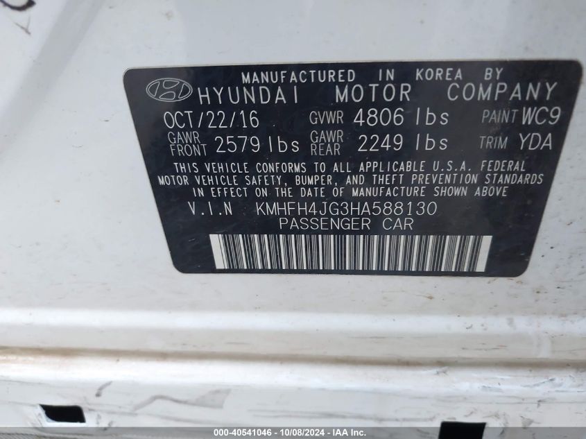 2017 Hyundai Azera Limited VIN: KMHFH4JG3HA588130 Lot: 40541046