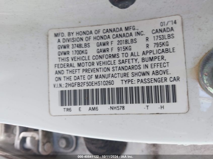 2HGFB2F50EH510260 2014 Honda Civic Lx