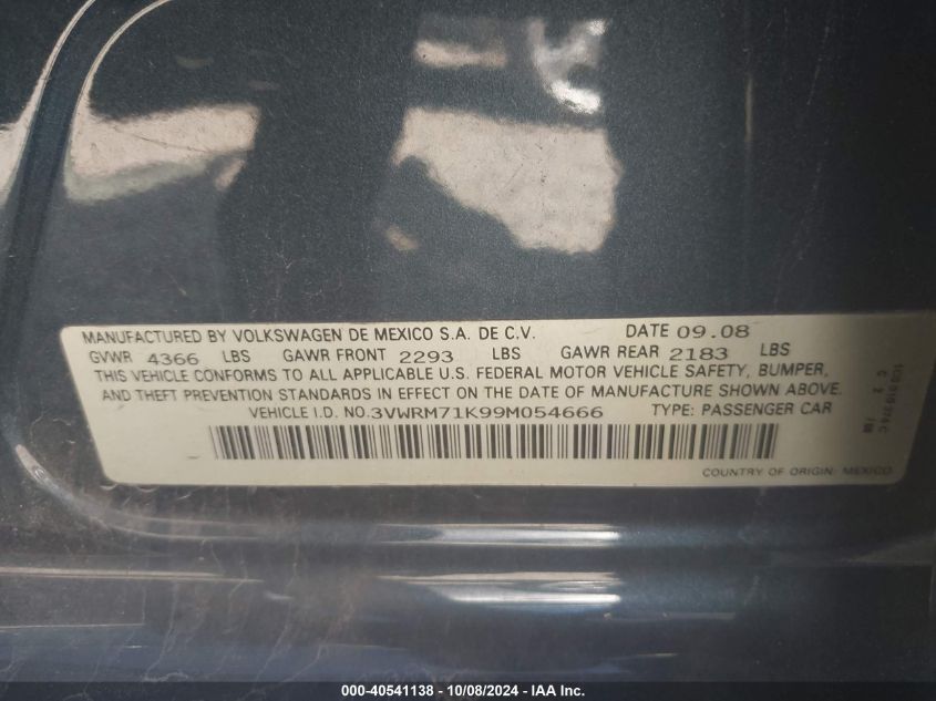 3VWRM71K99M054666 2009 Volkswagen Jetta Se/Sel