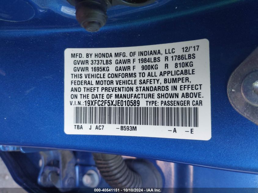 19XFC2F5XJE010589 2018 Honda Civic Lx