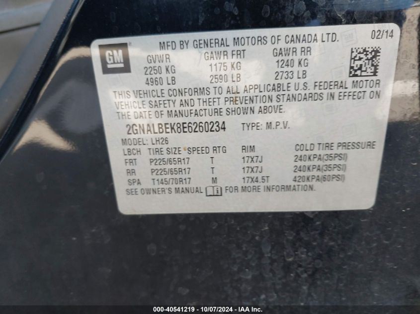 2GNALBEK8E6260234 2014 Chevrolet Equinox 1Lt