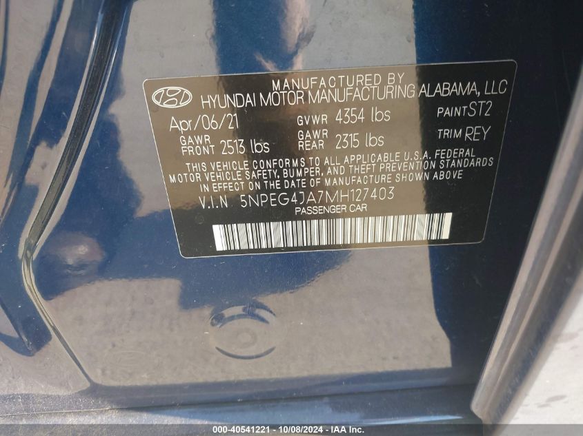 2021 Hyundai Sonata Se VIN: 5NPEG4JA7MH127403 Lot: 40541221