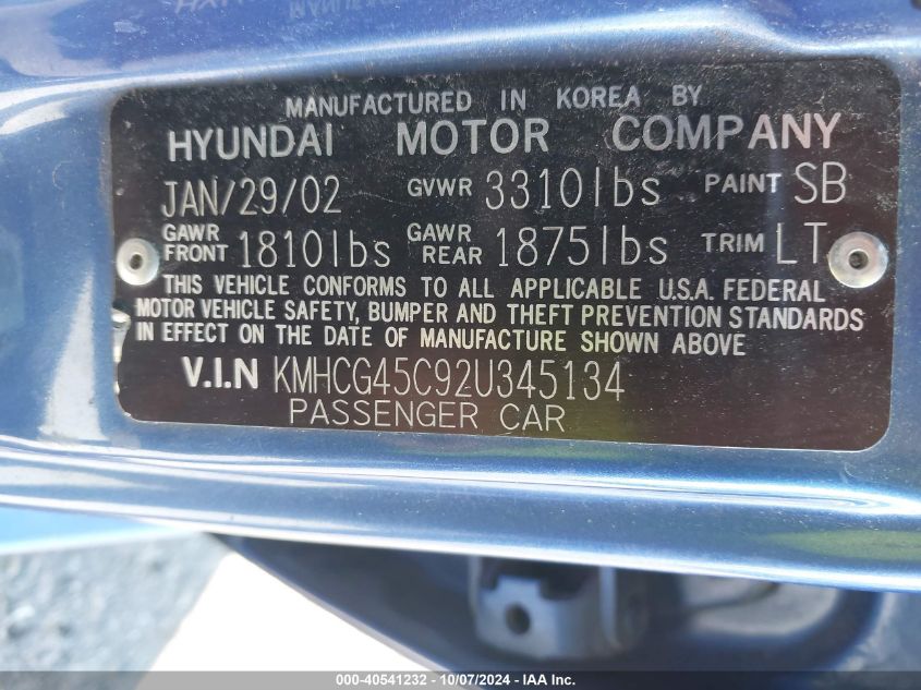 KMHCG45C92U345134 2002 Hyundai Accent Gl