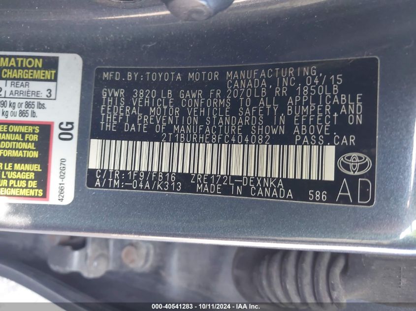 2T1BURHE8FC404082 2015 Toyota Corolla L/Le/Le Pls/Prm/S/S Pls